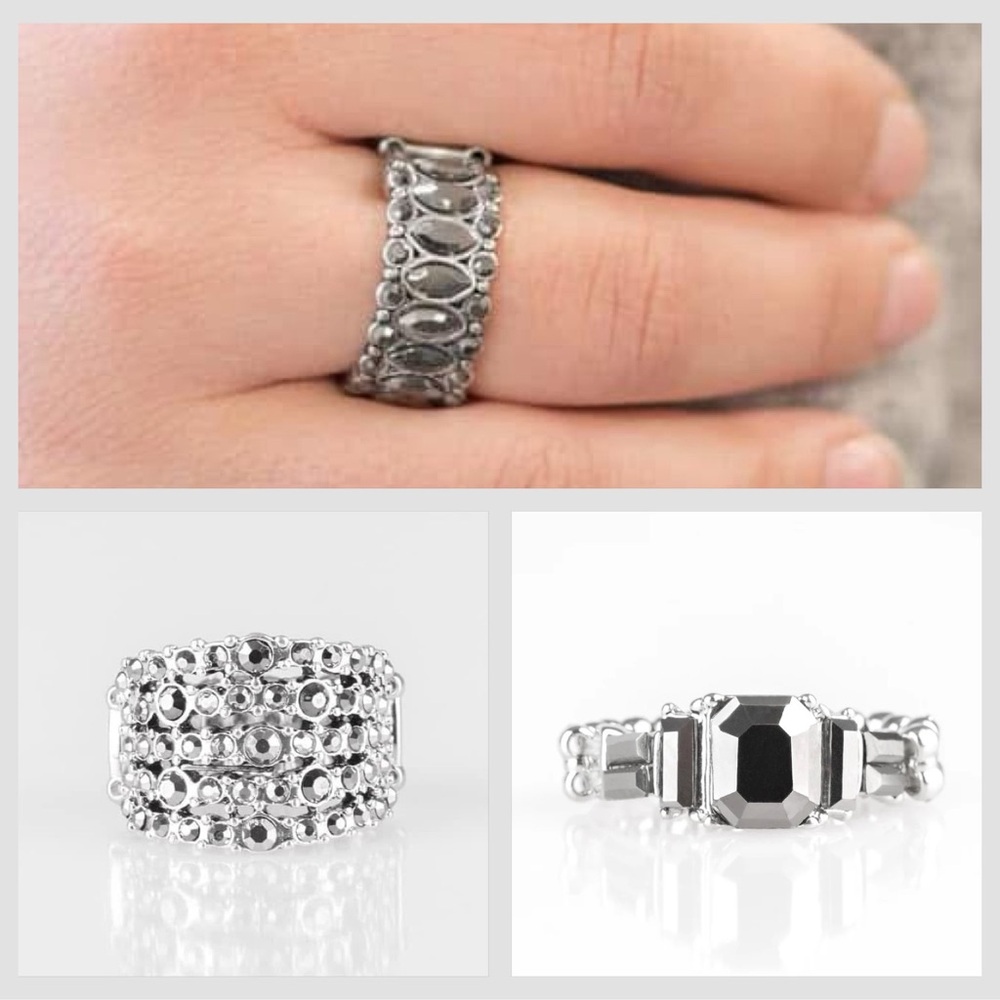 Sparkling metallic silver rings - set of 3